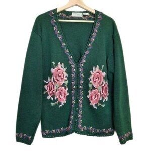 Vintage WILLOW RIDGE Cardigan Sweater Rose Flower Embroidery Sz L
